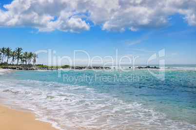 ocean, picturesque beach and blue sky