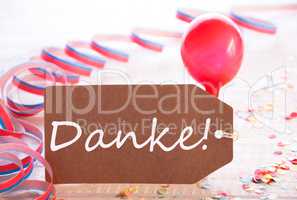 Party Label With Streamer, Balloon, Danke Means Thank You