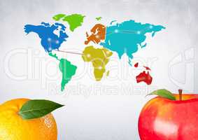 Composite image of colored fruits against world map