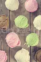 Top view assorted ice cream scoops.