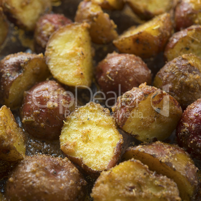 Oven roasted potatoes close up