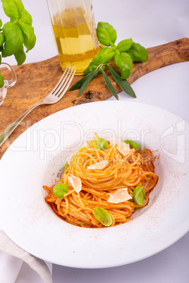 Pasta with cherry tomatoes, garlic and Parmesan cheese