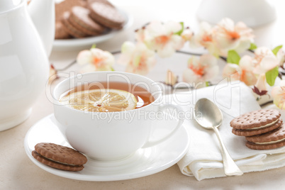 Cup of lemon tea on white background
