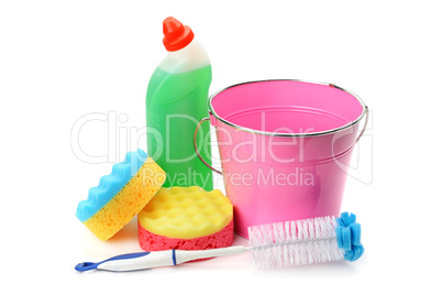 Bucket, sponges and chemical products for cleaning isolated on w