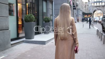 Back view of business woman walking on city street