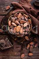 Cocoa beans and chocolate on wooden background