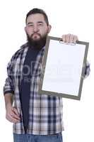 Bearded man in checkered shirt holding blank clipboard