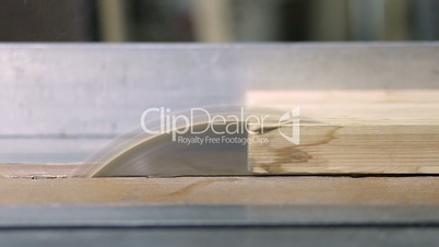 Closeup circular saw cutting wooden plank