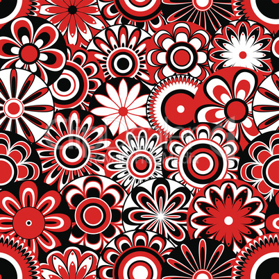 Flowers on seamless pattern in black, white and red