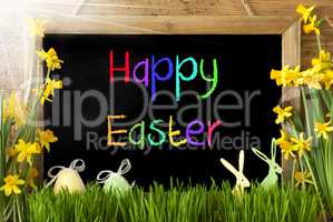 Sunny Narcissus, Egg, Bunny, Colorful Text Happy Easter