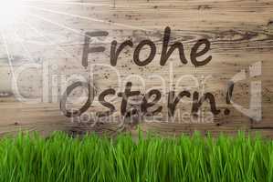 Sunny Wooden Background, Gras, Frohe Ostern Means Happy Easter