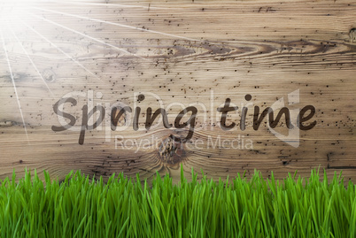 Sunny Wooden Background, Gras, Text Springtime