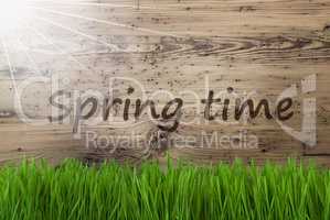 Sunny Wooden Background, Gras, Text Springtime