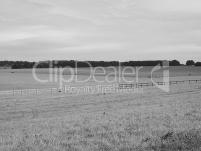 English country panorama in Salisbury in black and white