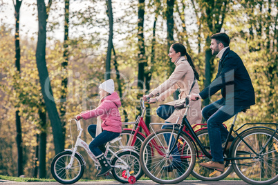Happy family riding bikes in park