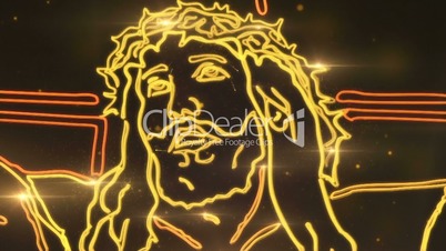 Jesus Christ on Cross being drawn with lights in space gold version