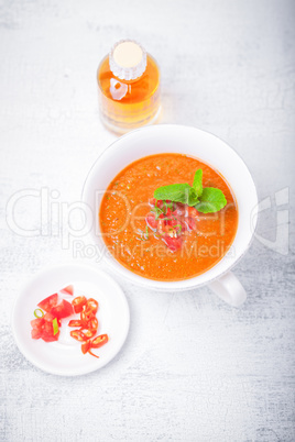 Bowl of Fresh tomato soup Gazpacho.