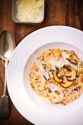 Mushroom risotto served on a table