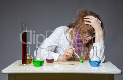 Problem and chemist with glass flask