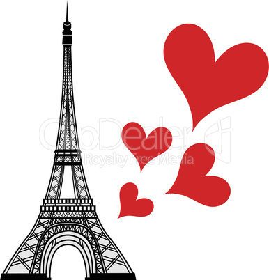 Paris town in France love heart, eiffel tower vector valentines day illustration