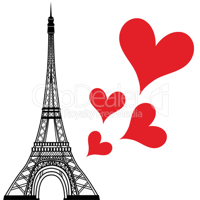 Paris town in France love heart, eiffel tower vector valentines day illustration