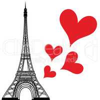 Paris town in France love heart, eiffel tower vector valentines day illustration