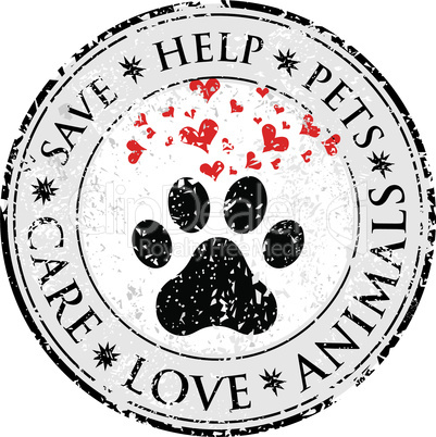 Dog paw heart love sign icon. Pets symbol textured web button. Vector Grunge post stamp. Circle banner or label. Protect your dog or cat symbol.