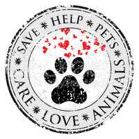 Dog paw heart love sign icon. Pets symbol textured web button. Vector Grunge post stamp. Circle banner or label. Protect your dog or cat symbol.