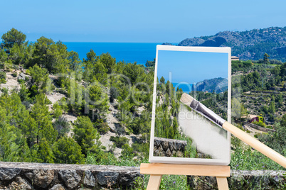 Staffelei mit einem Bild auf einer mediterranen Landschaft.