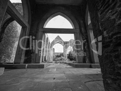 St Peter ruined church in Bristol in black and white