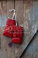 pair of red leather boxing gloves hanging on a nail