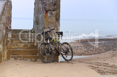 bike, stone stairs, ruins, sea, shore, rubble, travel,tourism