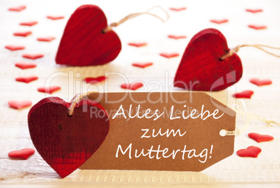 Label With Many Red Heart, Muttertag Means Mothers Day