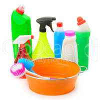 set of household chemicals, hand basin and brushes for cleaning