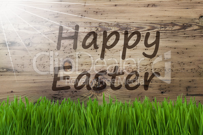 Sunny Wooden Background, Gras, Text Happy Easter