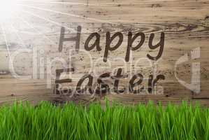 Sunny Wooden Background, Gras, Text Happy Easter
