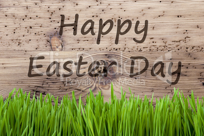 Bright Wooden Background, Gras, Text Happy Easter Day