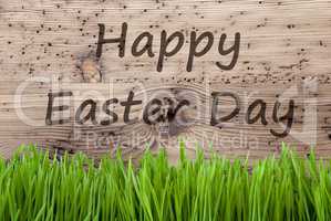 Bright Wooden Background, Gras, Text Happy Easter Day