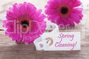 Pink Gerbera, Label, Text Spring Cleaning
