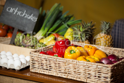 Various vegetables and fruits in organic section