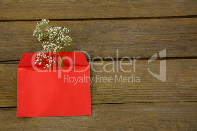 White flower in envelope on wooden plank