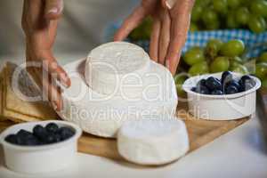Hands of female staff arranging cheese at counter