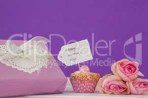 Happy mothers day card with cup cake and gift box