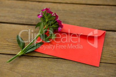 Bunch of pink flowers with envelope