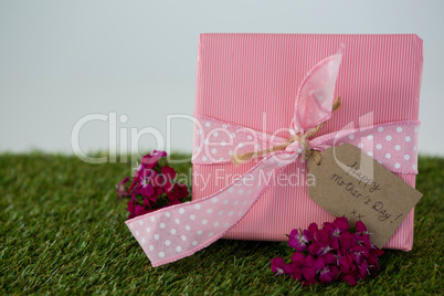 Gift box with happy mother day tag and flowers on grass