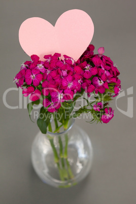 Close-up of flower vase with blank heart shape card