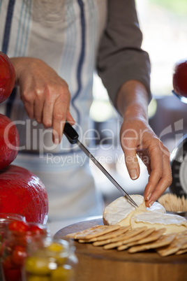 Mid section of female staff slicing cheese at counter