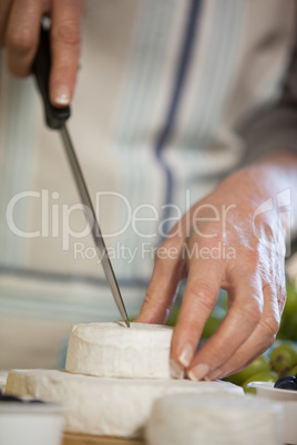 Mid section of female staff slicing cheese at counter
