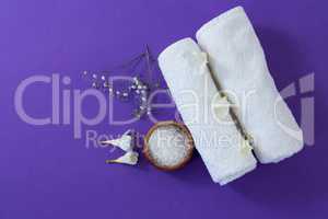 Spa accessories on purple background
