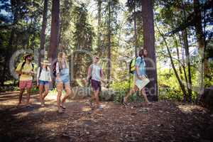 Group of friends walking together in forest